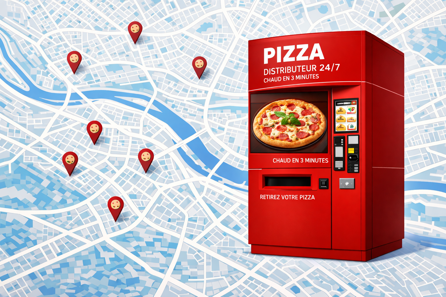 Distributeur de pizza rouge dans un décor de plan de ville moderne